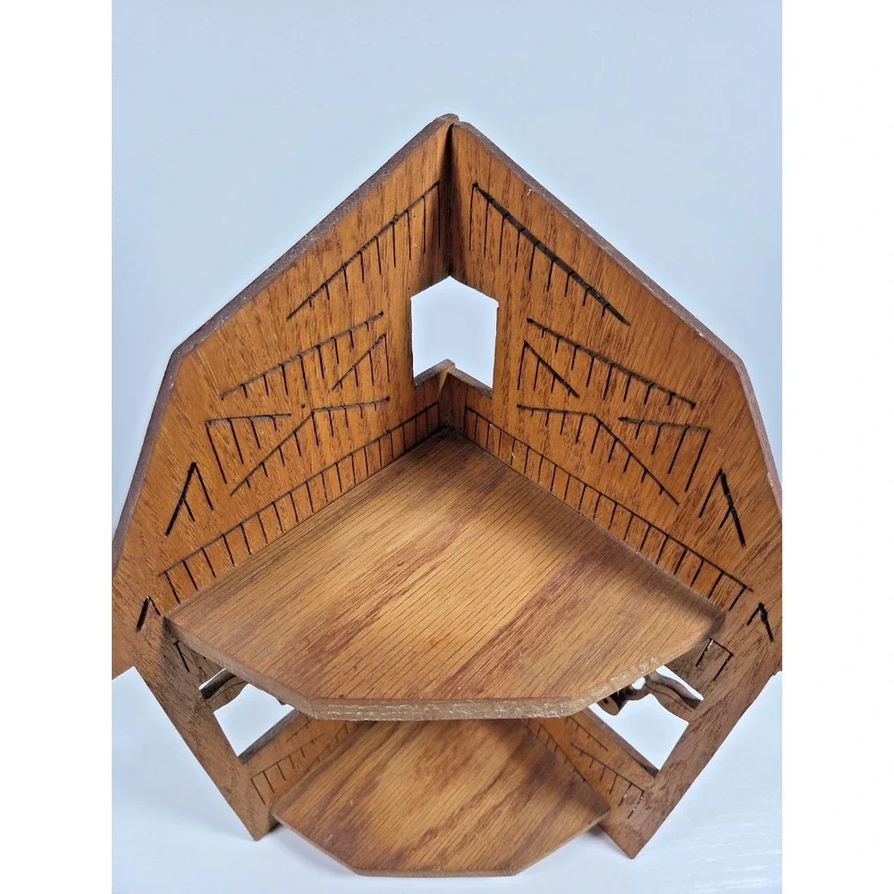 Vintage Hand Carved Wooden Small Barn Corner Shelf W/Decorative Cows Rustic